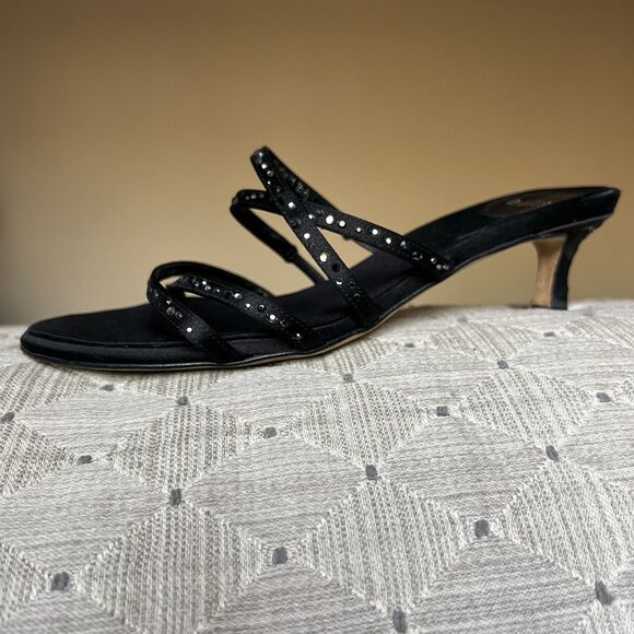 Ballin Black Satin & Rhinestones Slide Strappy Sandal Women EU 35 US 5 Low Heel - Picture 2 of 16